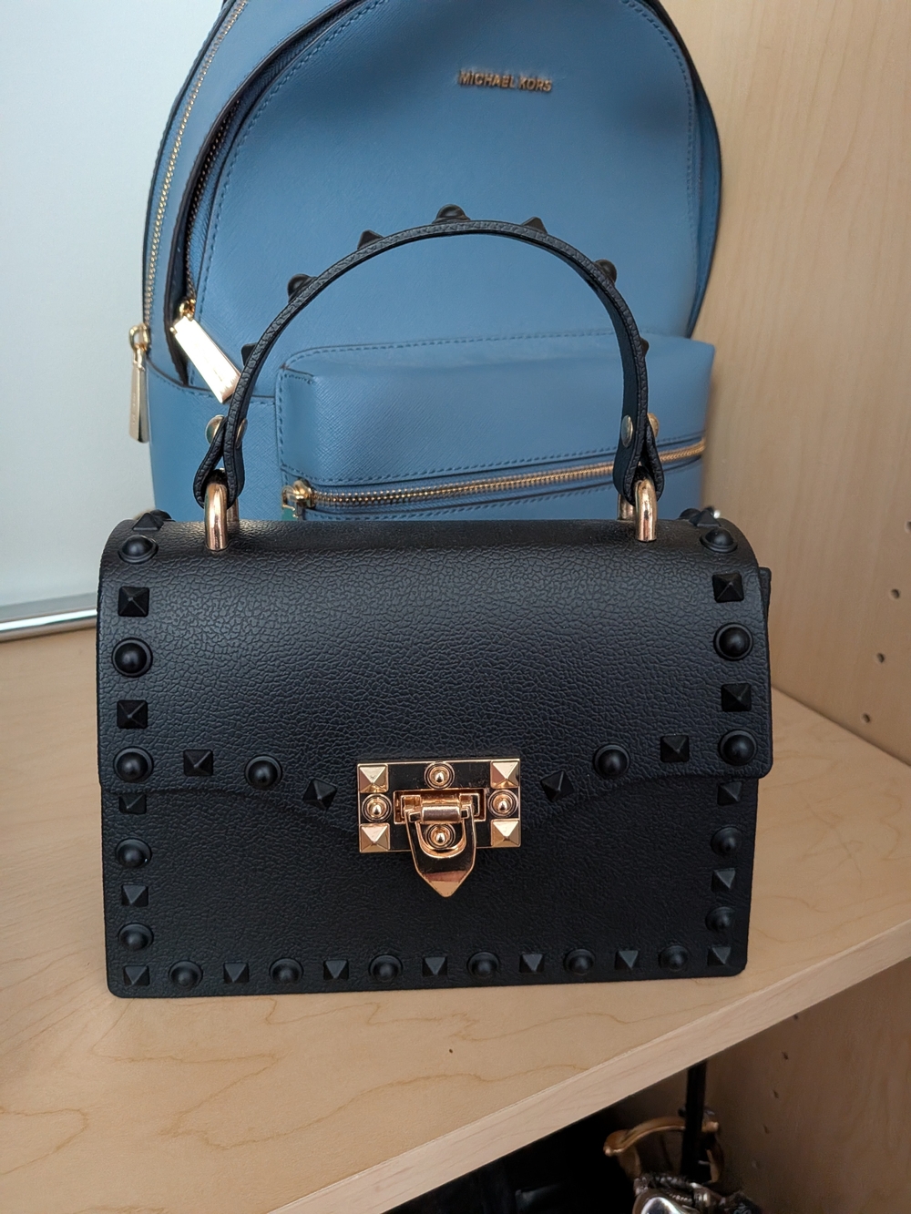 Marshalls Black Studded Top-Handle Clutch with Gold Hardware